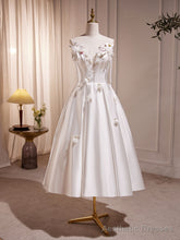 White V Neck Satin Tea Length Prom Dress, White Formal Dress With Beading